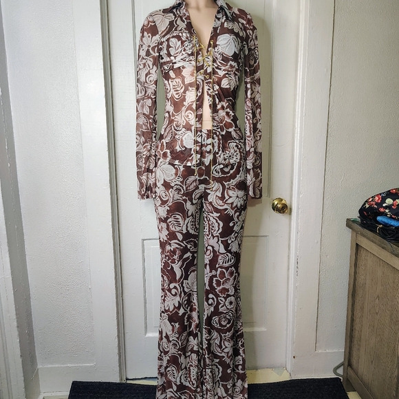 Fashion Nova Pants - NWT Fashion Nova Brown Floral Mesh Pant Set - Size Medium - Y2K Boho Flare